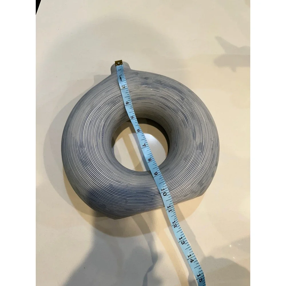 Modern Ribbed Ceramic Donut‎ Vase White Blue Textured Circular Sculpture 11 Inch